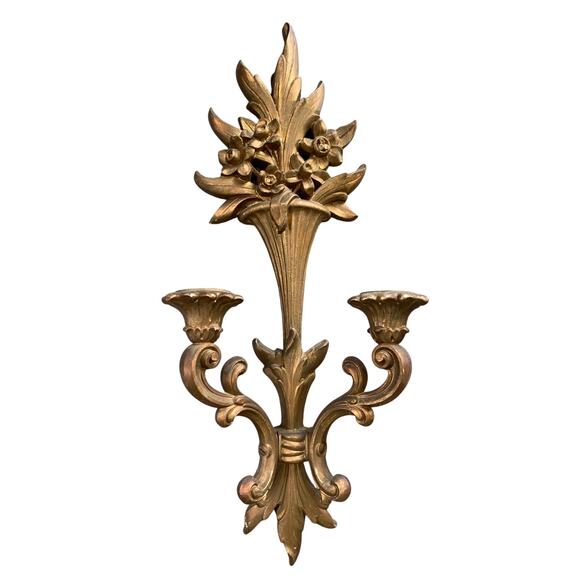 Vintage 1950s Pair of Syroco Wood 2 Arm Wall Sconces Gold Gilt Hollywood Regency - Picture 5 of 11